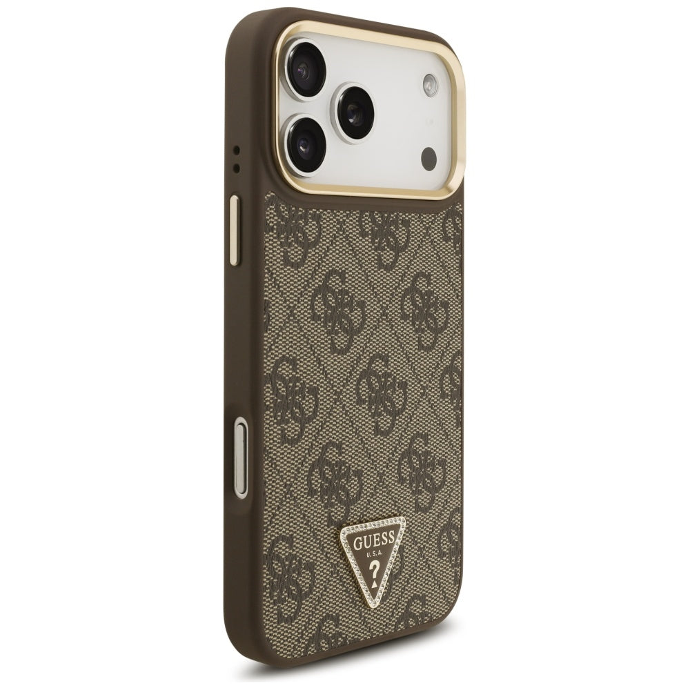 MagSafe Hülle für Apple iPhone 17 Pro Max, Guess, 4G Triangle Logo mit großem Riemen, Braun