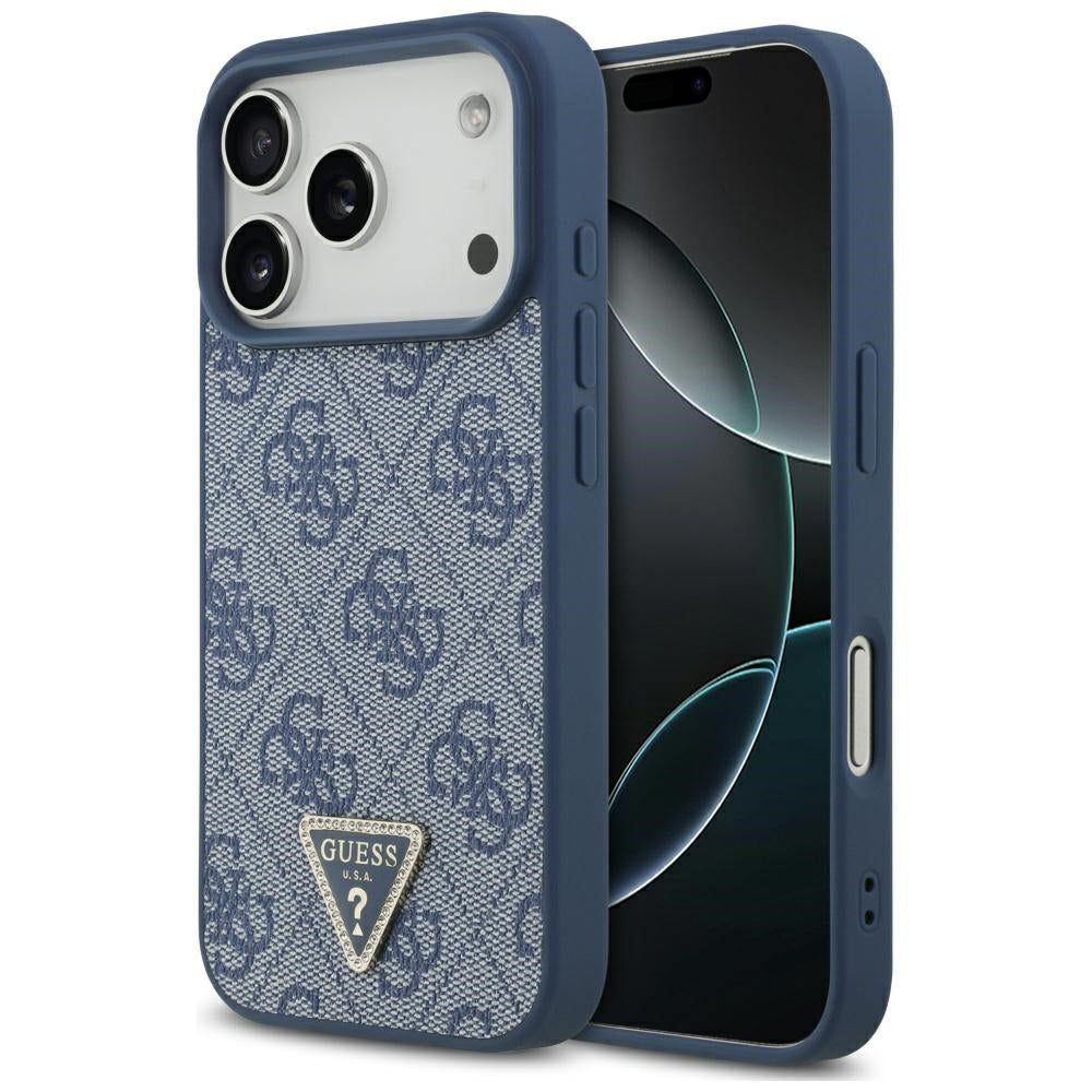 MagSafe Hülle für Apple iPhone 17 Pro Max, Guess, 4G Triangle Strass, Blau
