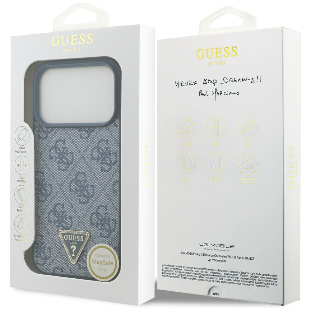 MagSafe Hülle für Apple iPhone 17 Pro Max, Guess, 4G Triangle Strass, Blau