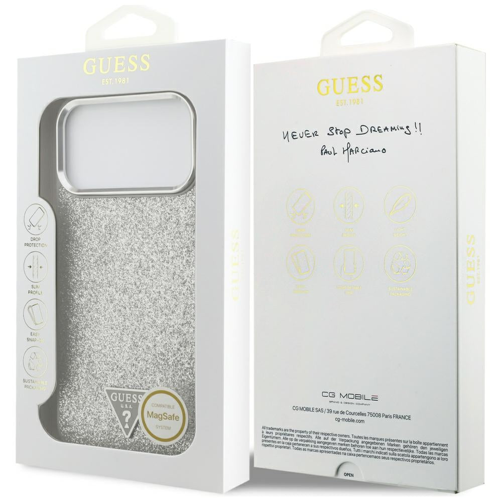 MagSafe Hülle für Apple iPhone 17 Pro Max, Guess, Glitter Triangle Logo, Silber