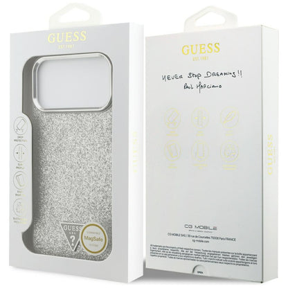 MagSafe Hülle für Apple iPhone 17 Pro Max, Guess, Glitter Triangle Logo, Silber