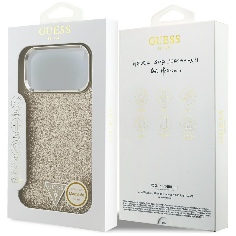 MagSafe Hülle für Apple iPhone 17 Pro Max, Guess, Glitter Triangle Logo, Gold