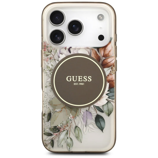 MagSafe Hülle für Apple iPhone 17 Pro Max, Guess, IML Flower & Tonal Circle, Braun