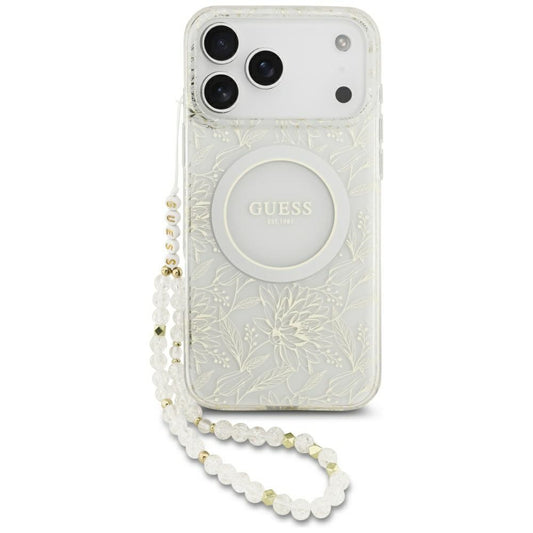 MagSafe Hülle für Apple iPhone 17 Pro Max, Guess, IML Flowers Allover Electroplated with Pearl Strap, Weiß