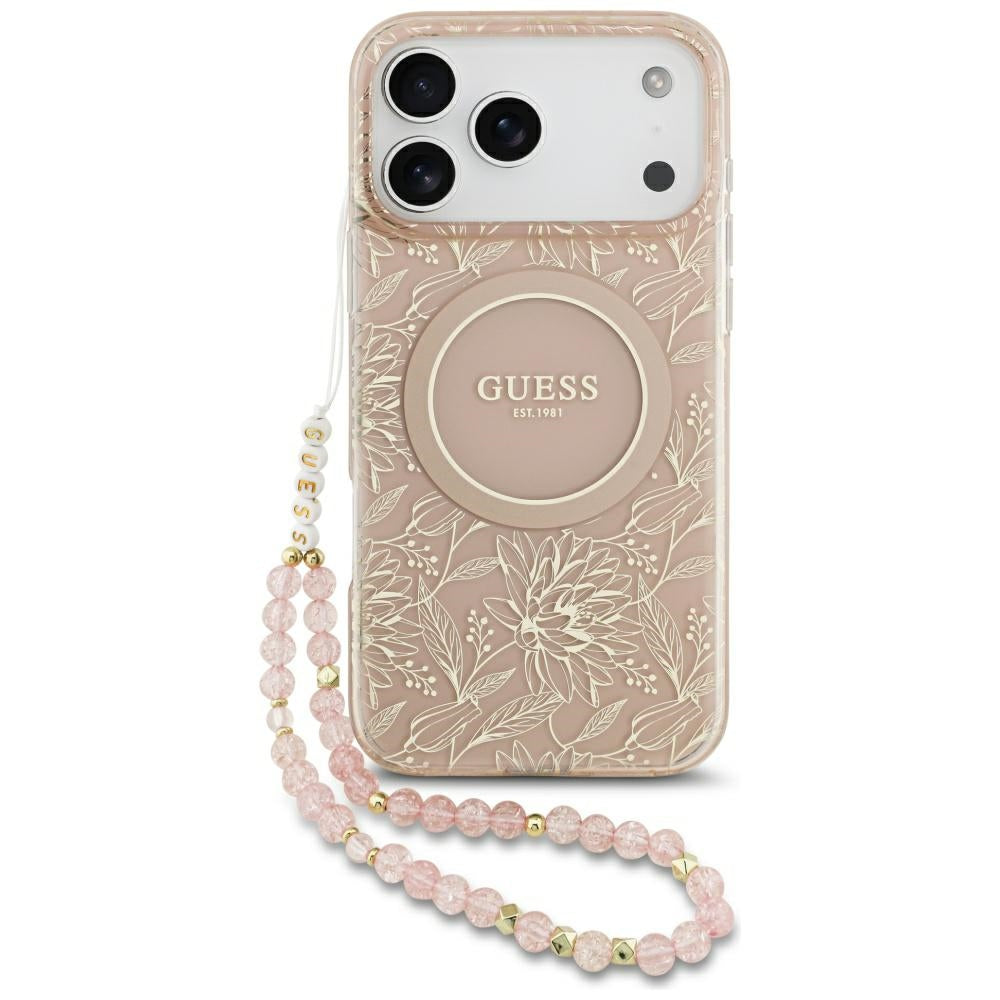 MagSafe Hülle für Apple iPhone 17 Pro Max, Guess, IML Flowers Allover Electroplated with Pearl Strap, Rosa