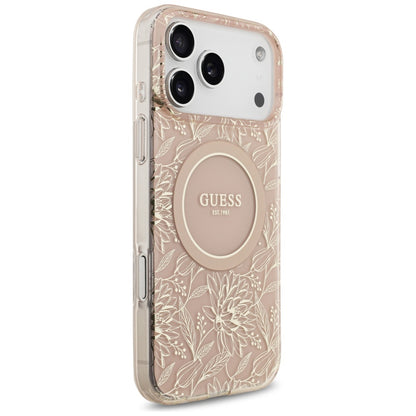 MagSafe Hülle für Apple iPhone 17 Pro Max, Guess, IML Flowers Allover Electroplated with Pearl Strap, Rosa