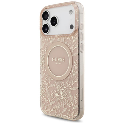 MagSafe Hülle für Apple iPhone 17 Pro Max, Guess, IML Flowers Allover Electroplated with Pearl Strap, Rosa