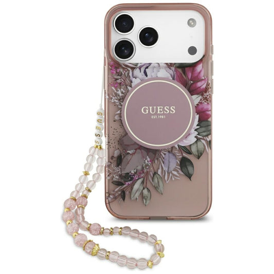 MagSafe Hülle für Apple iPhone 17 Pro Max, Guess, IML Flowers with Pearl Strap, Rosa