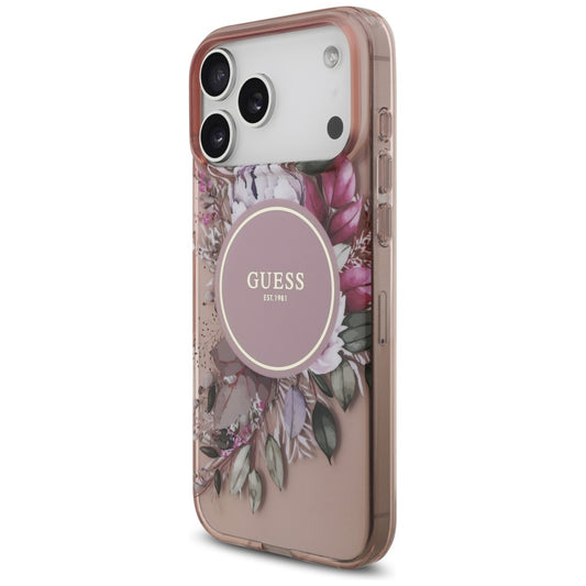 MagSafe Hülle für Apple iPhone 17 Pro Max, Guess, IML Flowers with Pearl Strap, Rosa