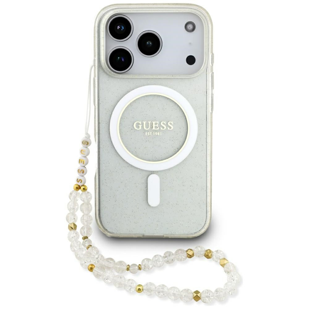 MagSafe Hülle für Apple iPhone 17 Pro Max, Guess, IML Glitter mit Perlengurt, Transparent