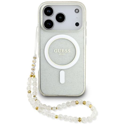 MagSafe Hülle für Apple iPhone 17 Pro Max, Guess, IML Glitter mit Perlengurt, Transparent