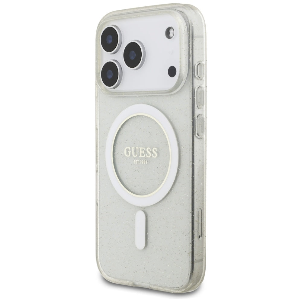 MagSafe Hülle für Apple iPhone 17 Pro Max, Guess, IML Glitter mit Perlengurt, Transparent