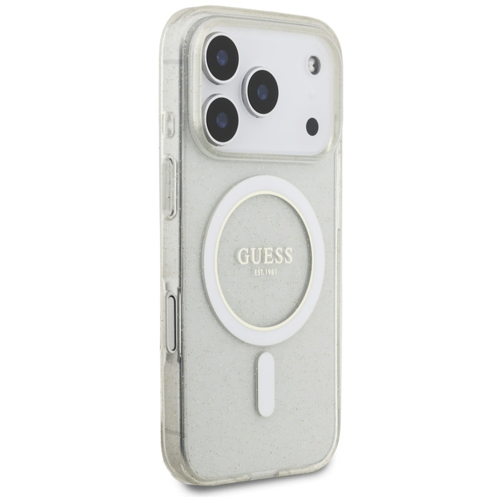 MagSafe Hülle für Apple iPhone 17 Pro Max, Guess, IML Glitter mit Perlengurt, Transparent
