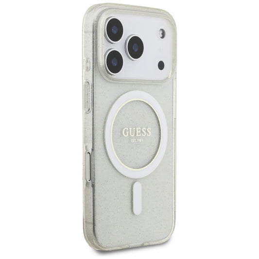 MagSafe Hülle für Apple iPhone 17 Pro Max, Guess, IML Glitter mit Perlengurt, Transparent