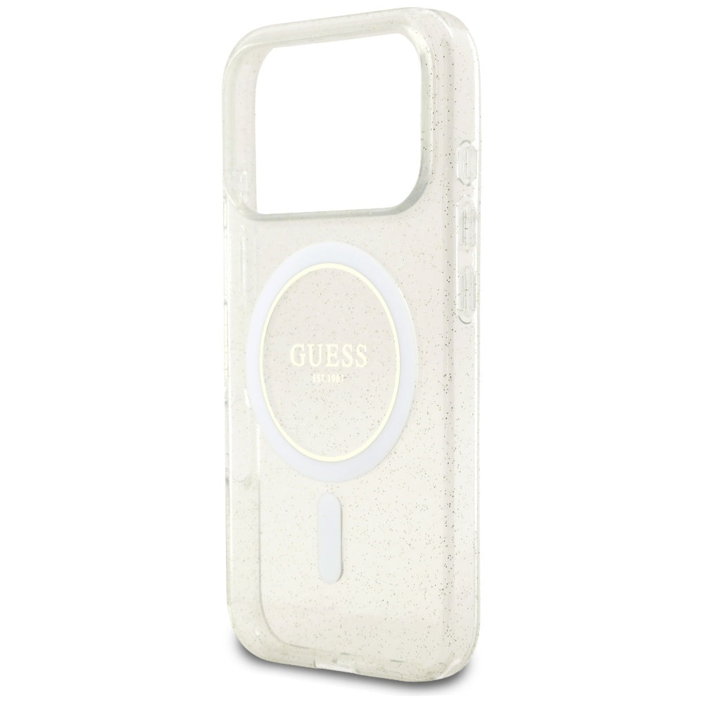 MagSafe Hülle für Apple iPhone 17 Pro Max, Guess, IML Glitter mit Perlengurt, Transparent