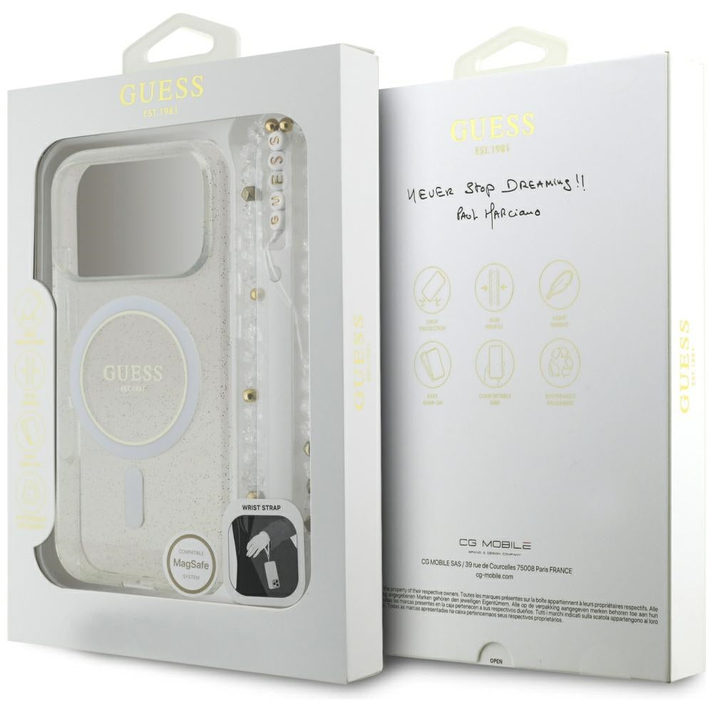 MagSafe Hülle für Apple iPhone 17 Pro Max, Guess, IML Glitter mit Perlengurt, Transparent