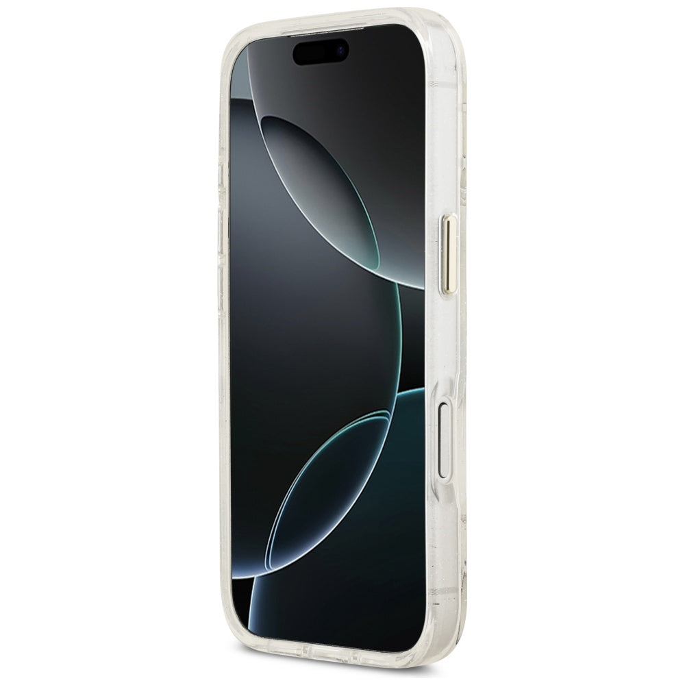 MagSafe Hülle für Apple iPhone 17 Pro Max, Guess, IML Metal Glitter Flowers Triangle, Weiß