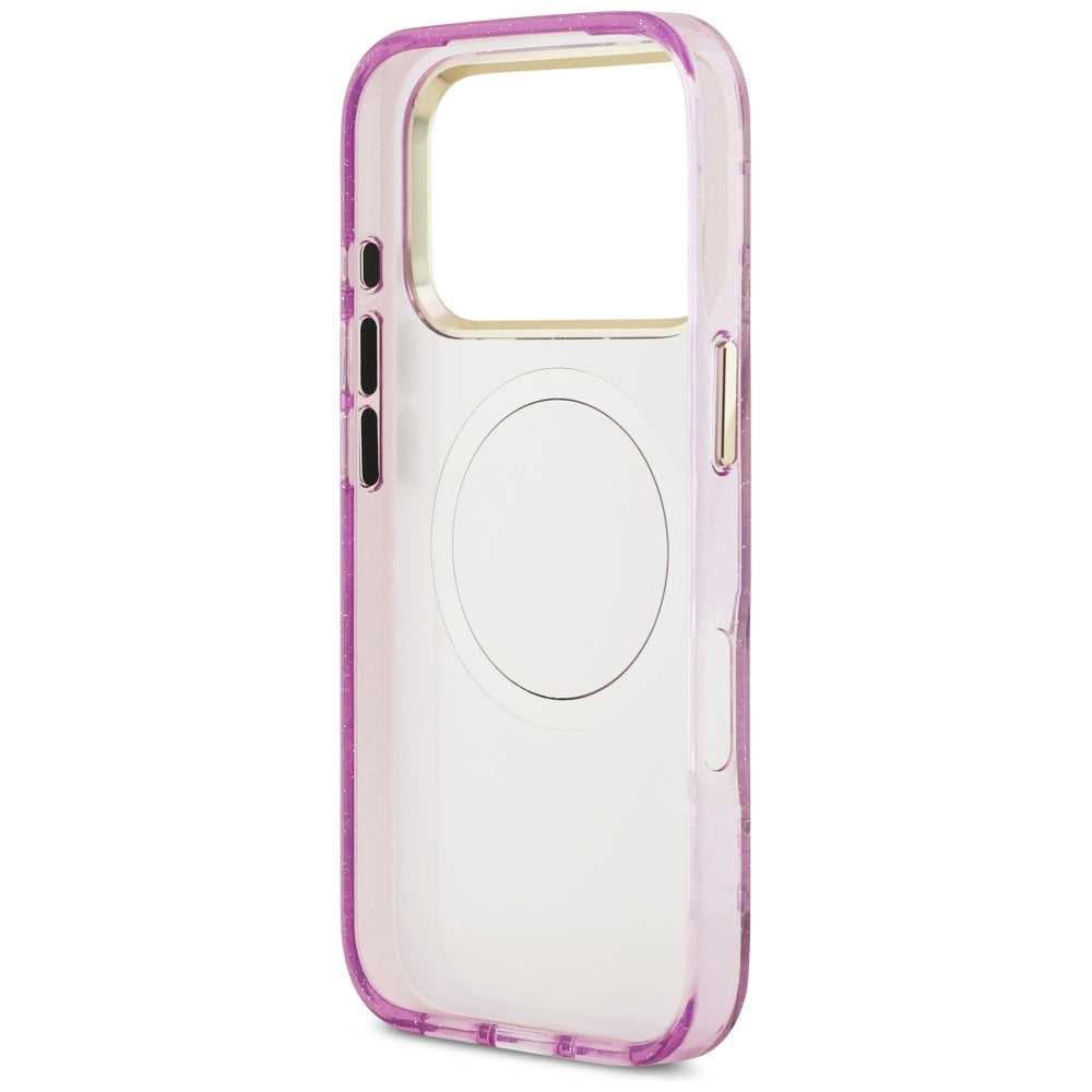 MagSafe Hülle für Apple iPhone 17 Pro Max, Guess, IML Metal Glitter Flowers Triangle, Lila