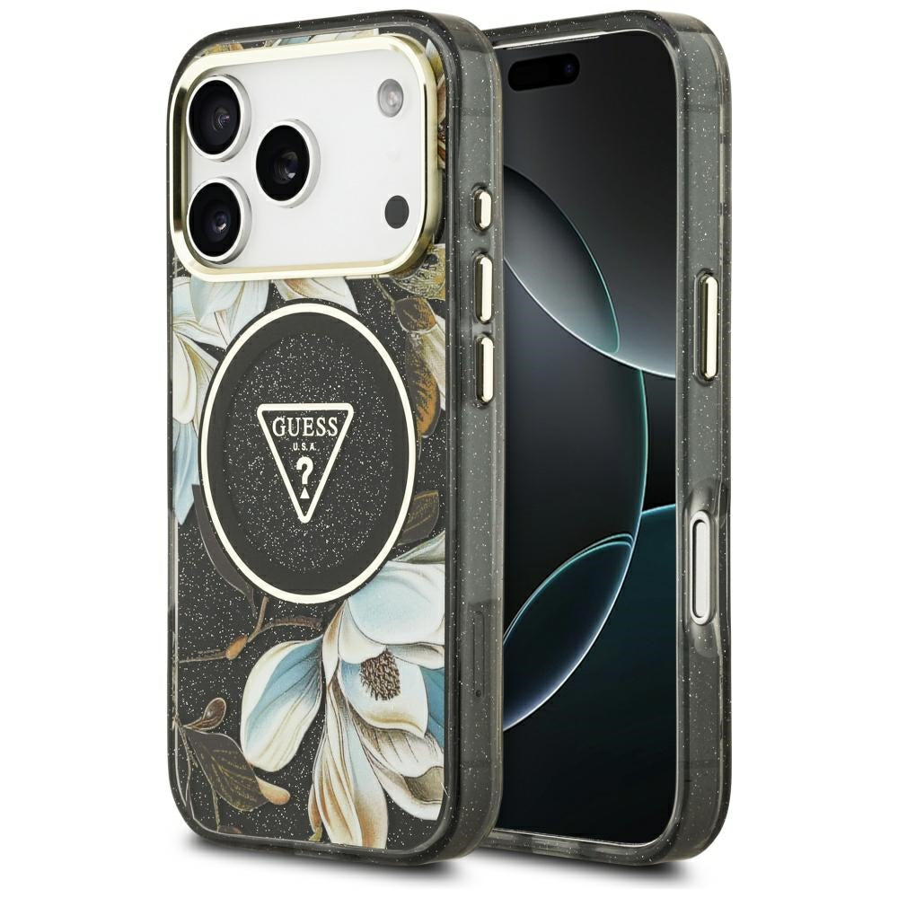 MagSafe Hülle für Apple iPhone 17 Pro Max, Guess, IML Metal Glitter Flowers Triangle, Schwarz