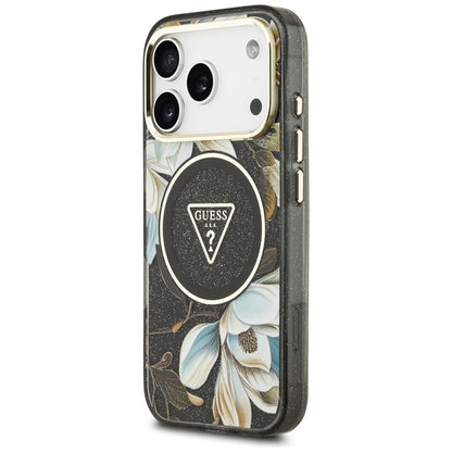 MagSafe Hülle für Apple iPhone 17 Pro Max, Guess, IML Metal Glitter Flowers Triangle, Schwarz