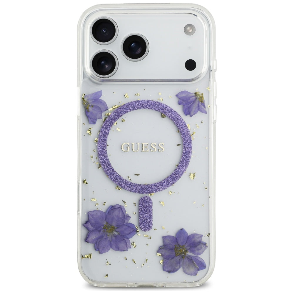 MagSafe Hülle für Apple iPhone 17 Pro Max, Guess, Resin Flowers and Glitter, Lila