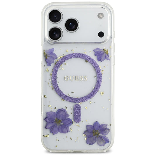 MagSafe Hülle für Apple iPhone 17 Pro Max, Guess, Resin Flowers and Glitter, Lila