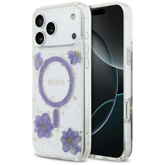MagSafe Hülle für Apple iPhone 17 Pro Max, Guess, Resin Flowers and Glitter, Lila