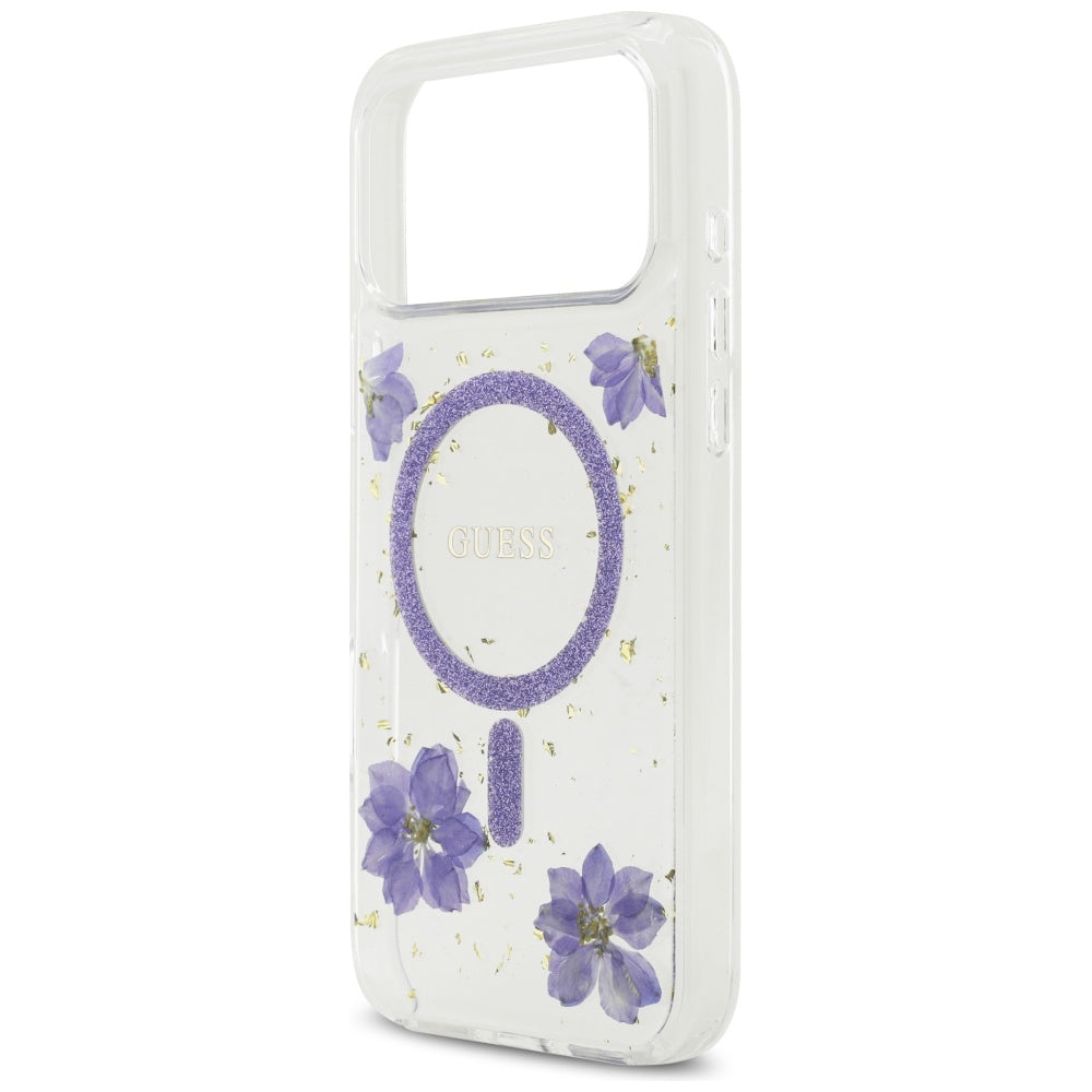 MagSafe Hülle für Apple iPhone 17 Pro Max, Guess, Resin Flowers and Glitter, Lila