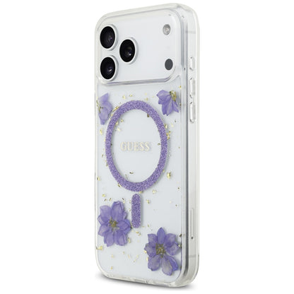 MagSafe Hülle für Apple iPhone 17 Pro Max, Guess, Resin Flowers and Glitter, Lila