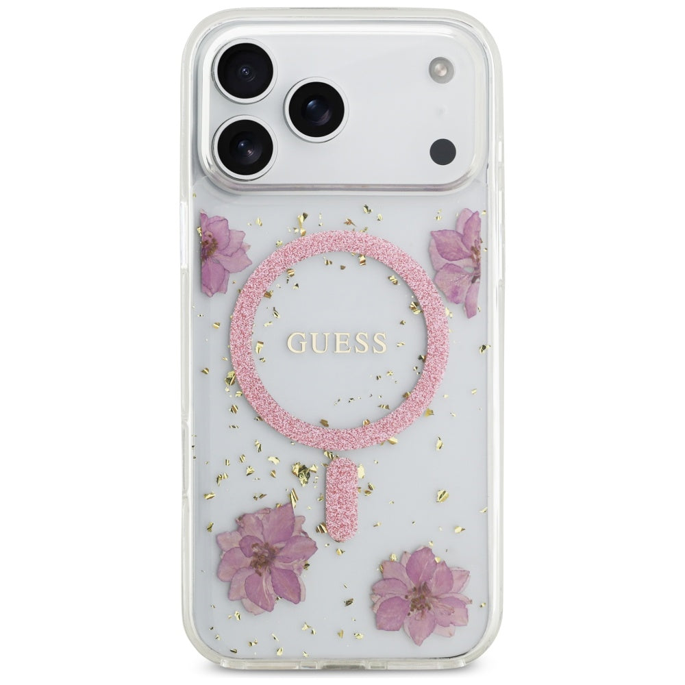 MagSafe Hülle für Apple iPhone 17 Pro Max, Guess, Resin Flowers and Glitter, Rosa