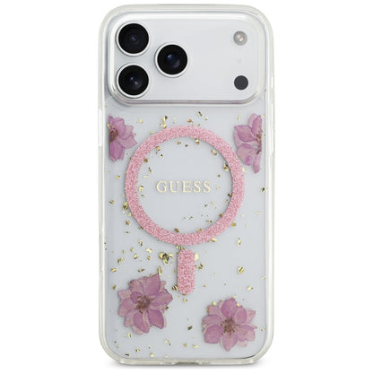MagSafe Hülle für Apple iPhone 17 Pro Max, Guess, Resin Flowers and Glitter, Rosa