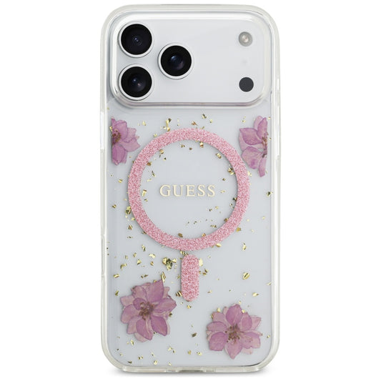 MagSafe Hülle für Apple iPhone 17 Pro Max, Guess, Resin Flowers and Glitter, Rosa