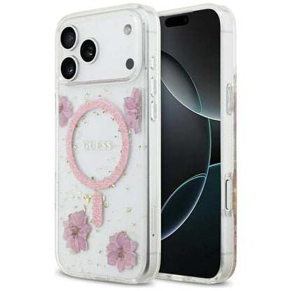 MagSafe Hülle für Apple iPhone 17 Pro Max, Guess, Resin Flowers and Glitter, Rosa