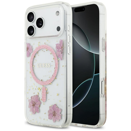 MagSafe Hülle für Apple iPhone 17 Pro Max, Guess, Resin Flowers and Glitter, Rosa