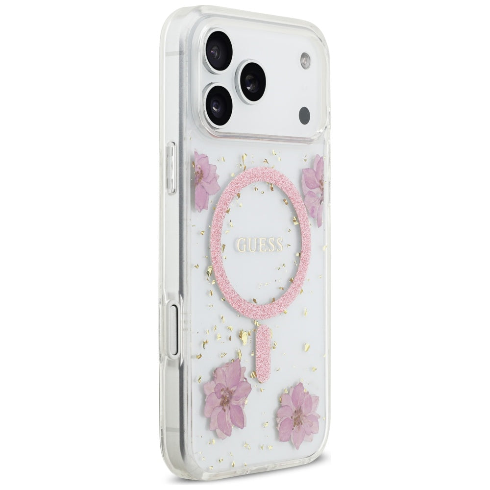 MagSafe Hülle für Apple iPhone 17 Pro Max, Guess, Resin Flowers and Glitter, Rosa