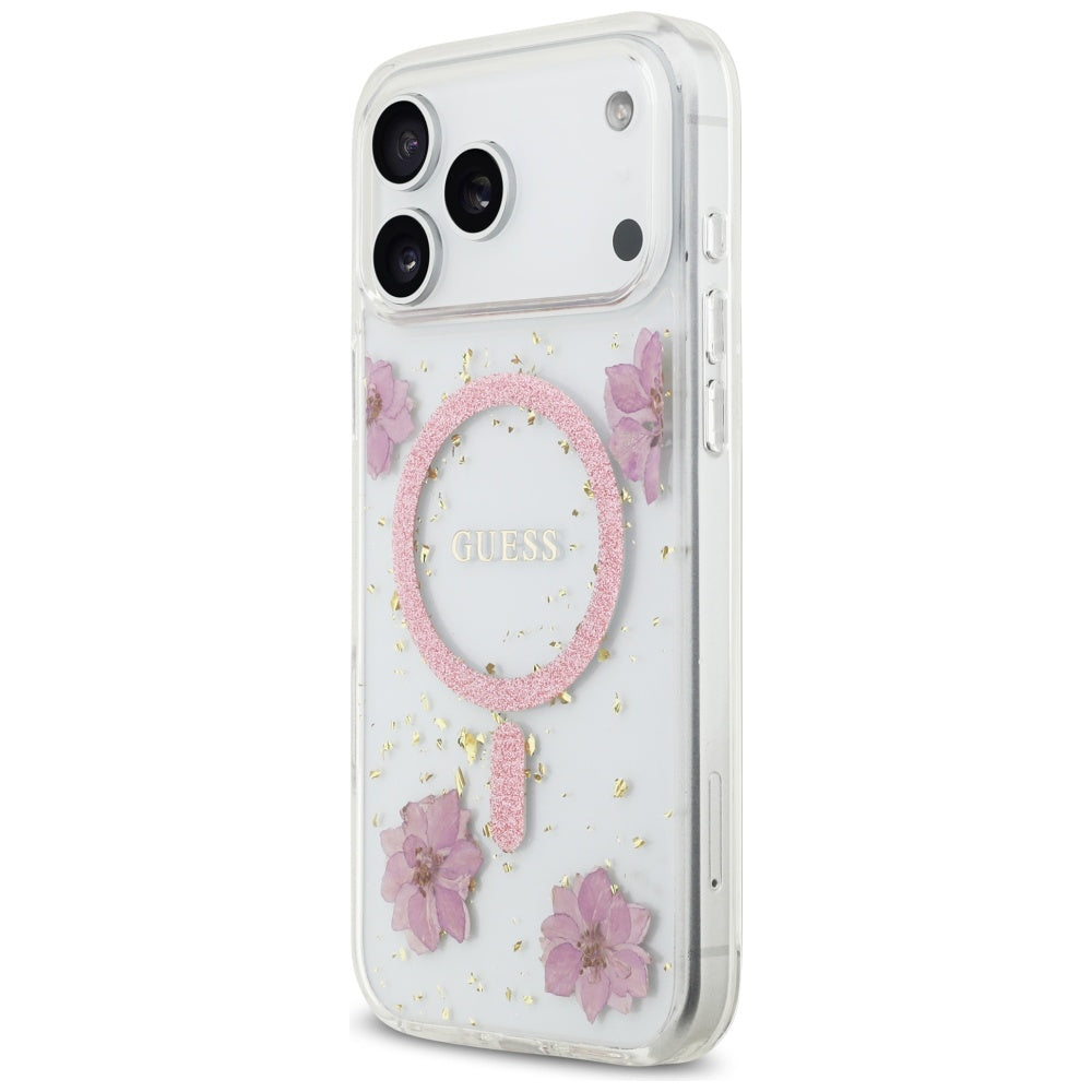 MagSafe Hülle für Apple iPhone 17 Pro Max, Guess, Resin Flowers and Glitter, Rosa