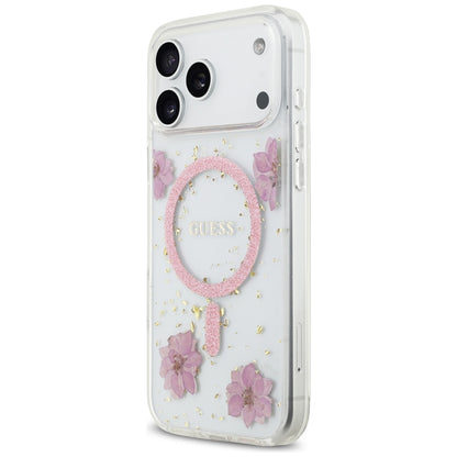 MagSafe Hülle für Apple iPhone 17 Pro Max, Guess, Resin Flowers and Glitter, Rosa