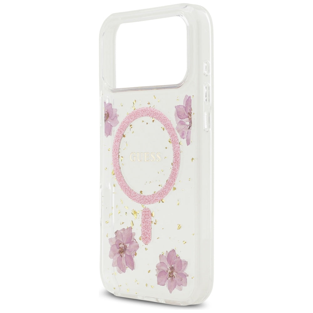 MagSafe Hülle für Apple iPhone 17 Pro Max, Guess, Resin Flowers and Glitter, Rosa