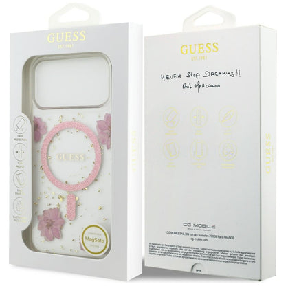 MagSafe Hülle für Apple iPhone 17 Pro Max, Guess, Resin Flowers and Glitter, Rosa