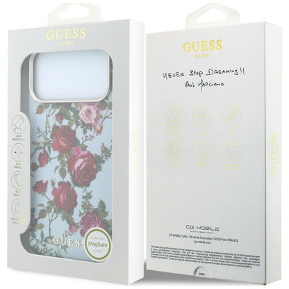 MagSafe-Hülle für Apple iPhone 18 Pro / 17 Pro, Guess, Blossom Roses Print, Bleu