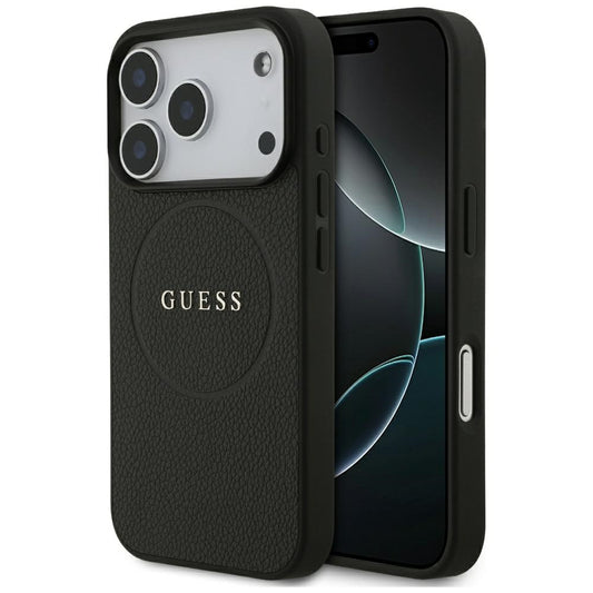 MagSafe-Hülle für Apple iPhone 18 Pro / 17 Pro, Guess, Geprägter Goldring, Schwarz