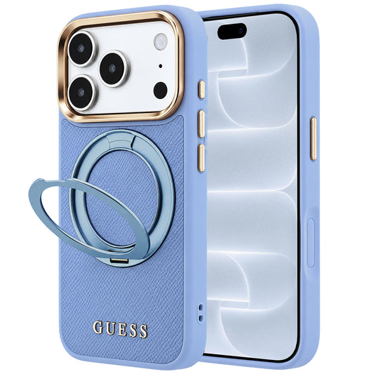 MagSafe-Hülle für Apple iPhone 18 Pro / 17 Pro, Guess, Grained Ring Stand 360 Classic, Hellblau