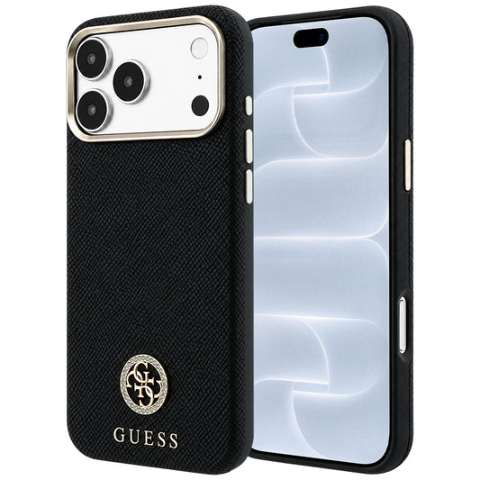 MagSafe-Hülle für Apple iPhone 18 Pro / 17 Pro, Guess, genarbtes rundes Strass-Logo, schwarz