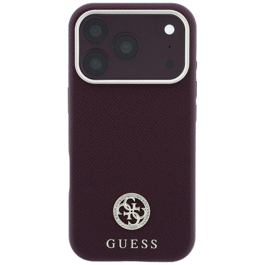 MagSafe-Hülle für Apple iPhone 18 Pro / 17 Pro, Guess, genarbtes rundes Strass-Logo, Weinrot