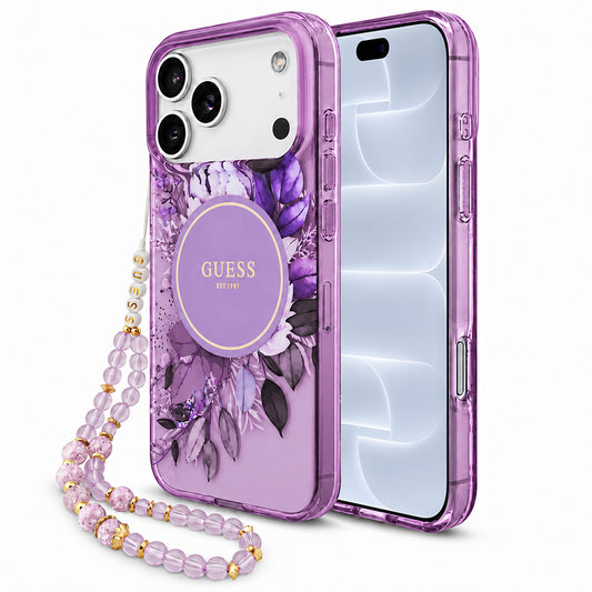 MagSafe-Hülle für Apple iPhone 18 Pro / 17 Pro, Guess, IML Flowers with Pearl Strap, Lila