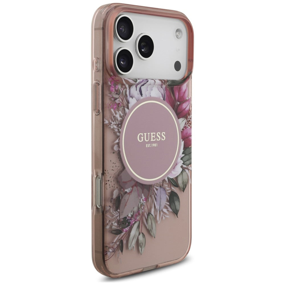 MagSafe-Hülle für Apple iPhone 18 Pro / 17 Pro, Guess, IML Flowers with Pearl Strap, Rosa