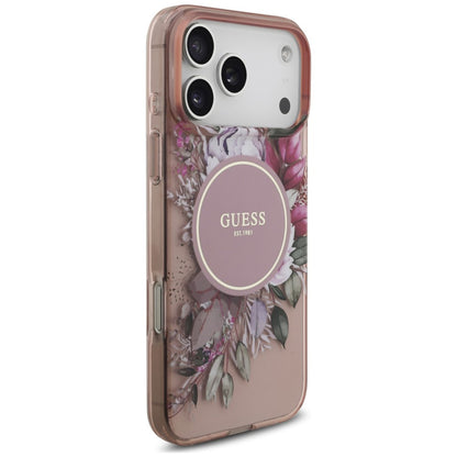 MagSafe-Hülle für Apple iPhone 18 Pro / 17 Pro, Guess, IML Flowers with Pearl Strap, Rosa