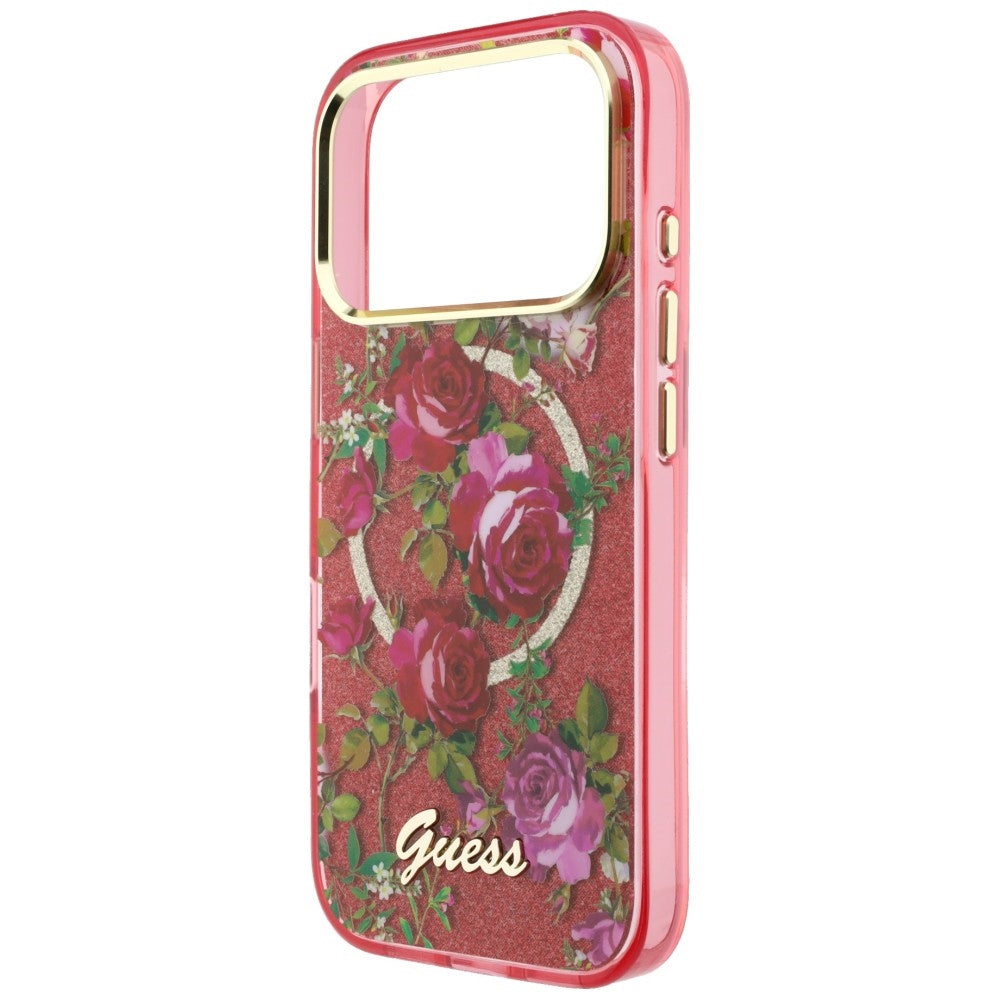 MagSafe Case for Apple iPhone 18 Pro / 17 Pro, Guess, IML Glitter Blossom Roses, Burgundy