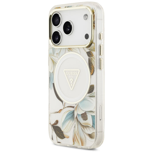 MagSafe-Hülle für Apple iPhone 18 Pro / 17 Pro, Guess, IML Metal Glitter Flowers Triangle, Weiß