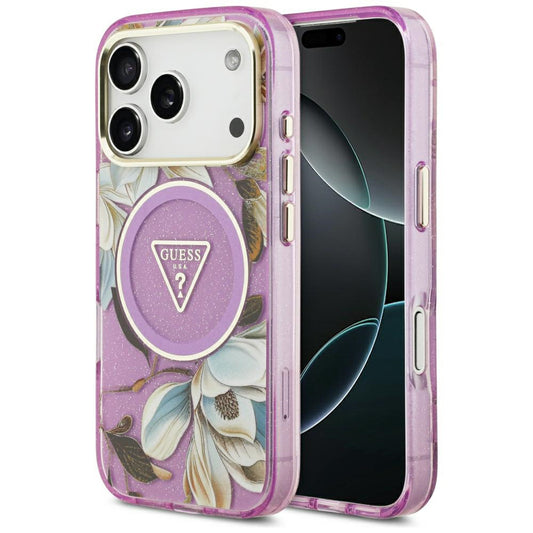 MagSafe-Hülle für Apple iPhone 18 Pro / 17 Pro, Guess, IML Metal Glitter Flowers Triangle, Lila